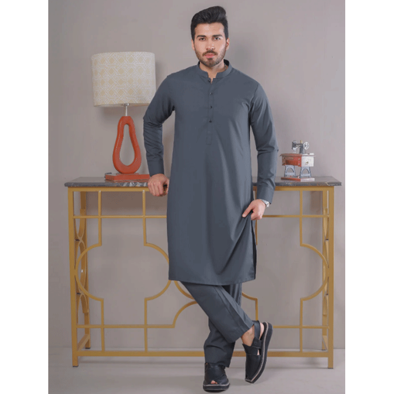 Buy Shahzeb Saeed Grey Self Exclusive Range Ban Collar Designer Kurta