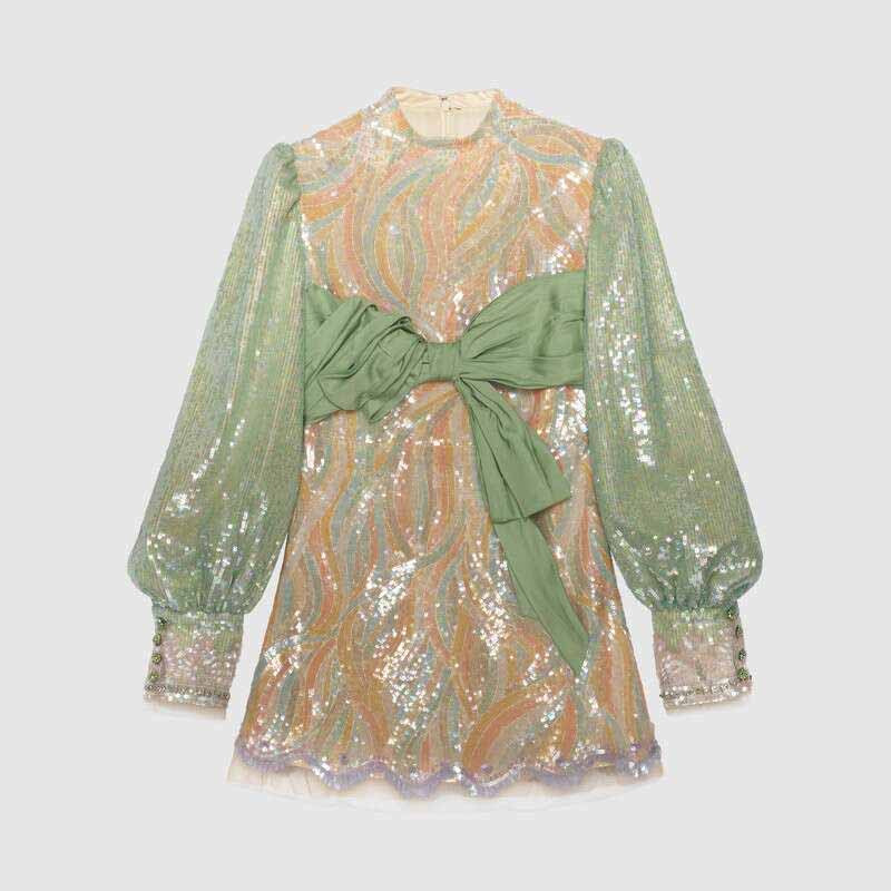 gucci sequin-embroidered tulle dress GUCCI Dress Runway Fitted Sequin-Embroidered Tulle Black Web Colors Sz 38,  $4500