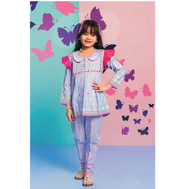 Lawn Unstitched Kid Dress Kids 3PC Embroidered Lawn Dress With Net