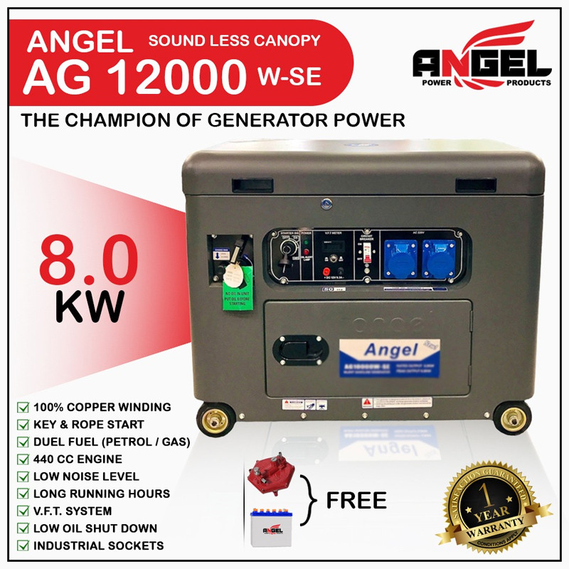 Angel AG 12000 W-SE 11.0 KVA (8500 Watts) Petrol + Gas Canopy Generator With Official Warranty